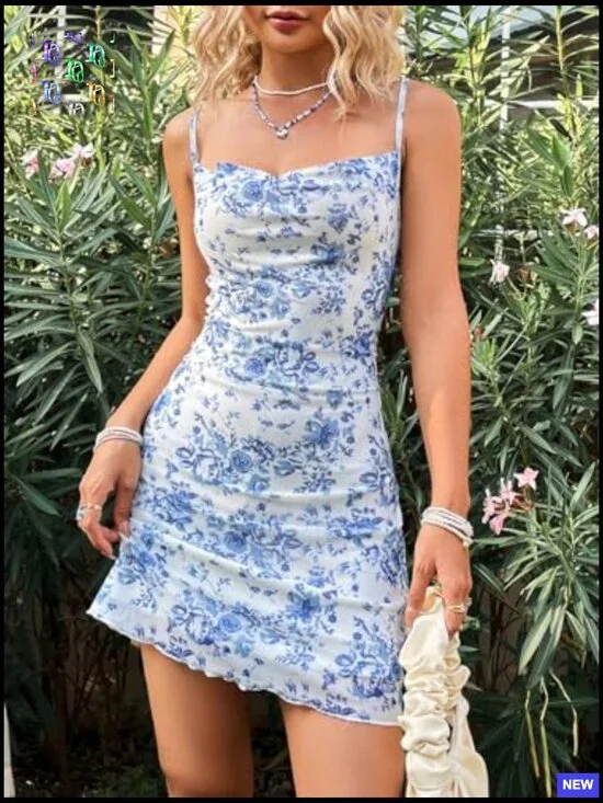 Satin Spaghetti Strap Mini Dress Cowl Neck Tropical Print Summer Casual - Picture 4 of 6